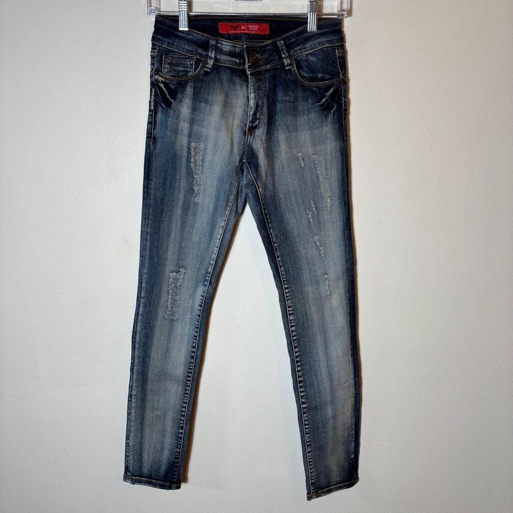 Armani Jeans Mens Blue Wash Distressed Skinny Fit Denim Jeans Size 31